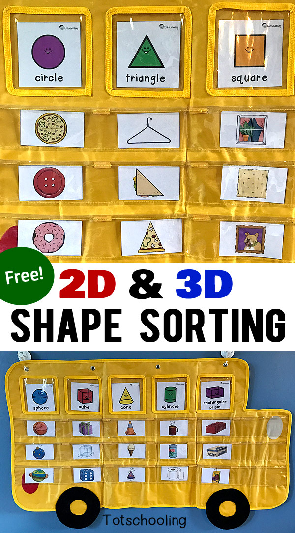 FREE printable Shape Sorting activity with 2D and 3D cards featuring real life objects to identify and sort. Great for preschoolers and kindergarten kids learning about shapes. Designed to be used with our Apple to Zebra pocket chart!