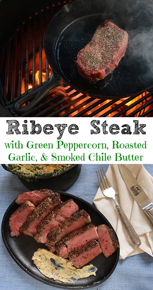 Ribeye Steak with Green Peppercorn, Roasted Garlic, and Smoked Chile
