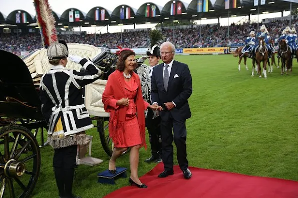 Queen Silvia, Princess Benedikte of Denmark and King Carl Gustaf at the opening ceremony of CHIO Aachen 2016, Germany. Style royals, fashion style