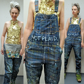 Upcycled overalls, NOT PLAID, worn with sequins, by Mel Kobayashi