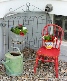junk, garden, planter, garden junk, old chair, old schoolhouse, bucket, upcycled, annuals, http://bec4-beyondthepicketfence.blogspot.com/2016/05/junk-planters.html