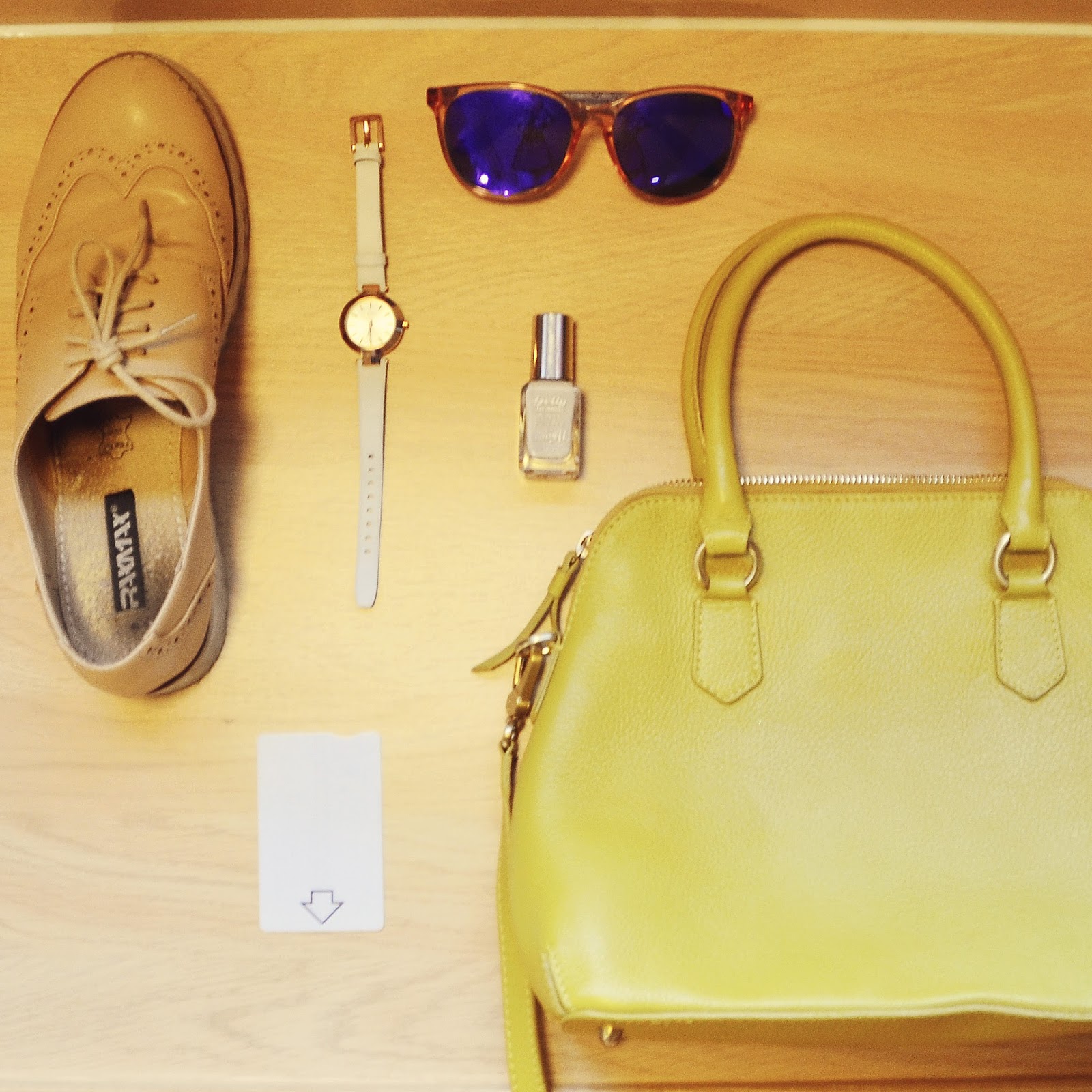 flatlay, carrera sunglasses, style edit brogue, boden yellow bag, travelodge room key card, dkny watch