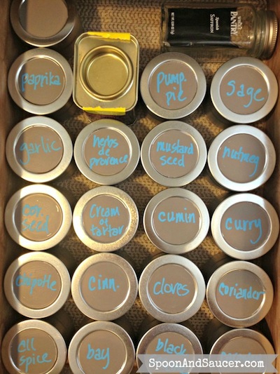 spice drawer, with containers labeled on the lids