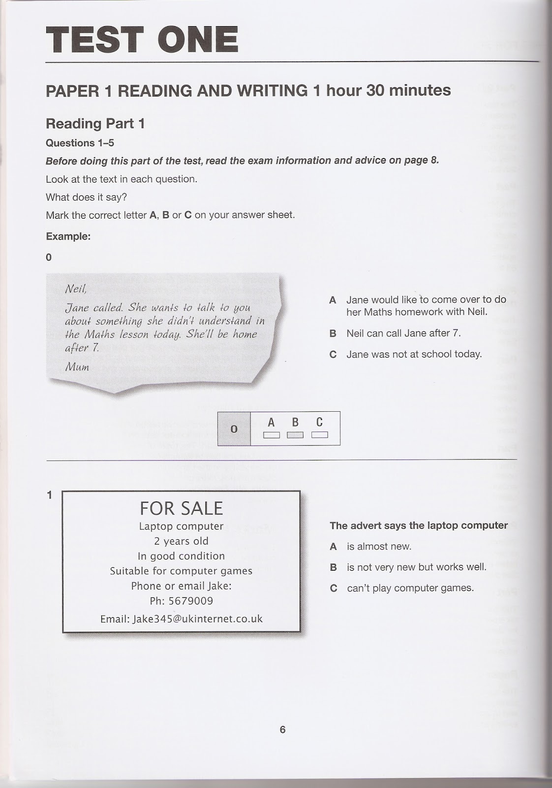 Exámenes de Cambridge : PET (Test 1) Reading and Writing