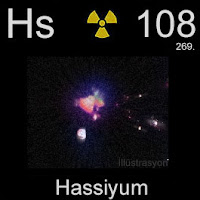 Hassiyum elementi üzerinde hassiyumun simgesi, atom numarası ve atom ağırlığı.