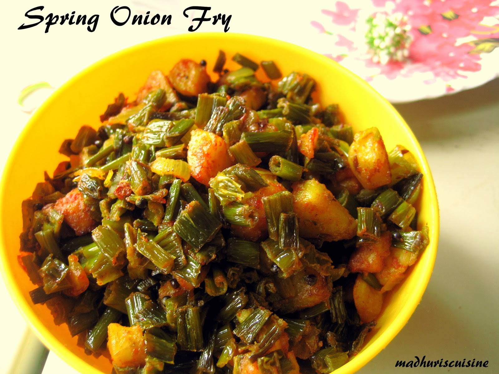 madhuri's kitchen Spring Onion Fry / Ulli Kadala Vepudu / Onion Stem