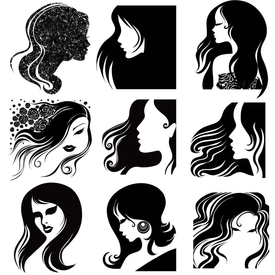 Free Vector がらくた素材庫 髪がなびく女性の横顔のシルエット Female Head Silhouette イラスト素材
