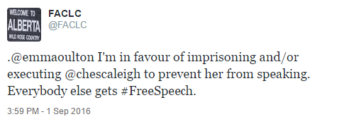 emmaoulton Im in favour of imprisoning and/or executing chescaleigh to prevent her from speaking Everybody else gets FreeSpeech