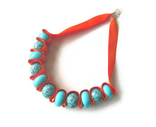 Turquoise & Orange Ribbon Necklace handmade from polymer clay by Lottie Of London