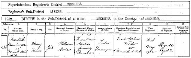 Birth of Mary Teresa Corless, 20 March 1902, Manchester