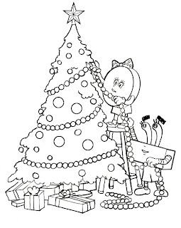 Coloring page picture of spongebob decorating x mas tree with baubles and lighting
