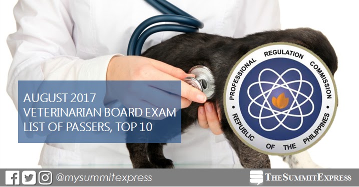FULL RESULTS: August 2017 Veterinarian board exam passers list, top 10