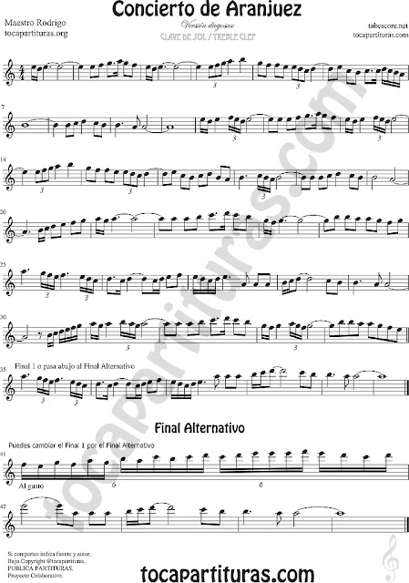 Partitura del Concierto de Aranjuez para Clave de Sol Versión diegosax con final alternativo, sirve para flautas, saxofones varios, clarinete, oboe, violines, trompeta (con el sí agudo)...