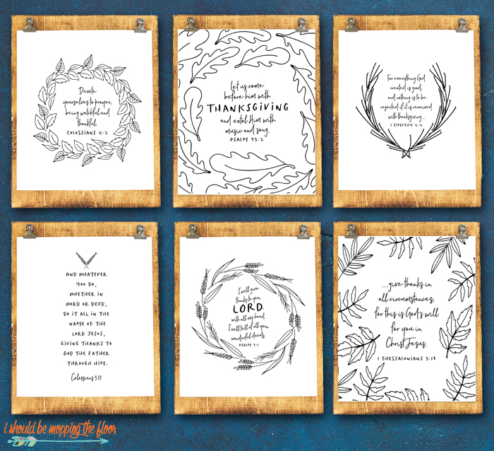 Six Thanksgiving Scripture Printables | These six Thanksgiving scripture printables are simple, lovely line drawings with some beloved Bible verses about thankfulness.