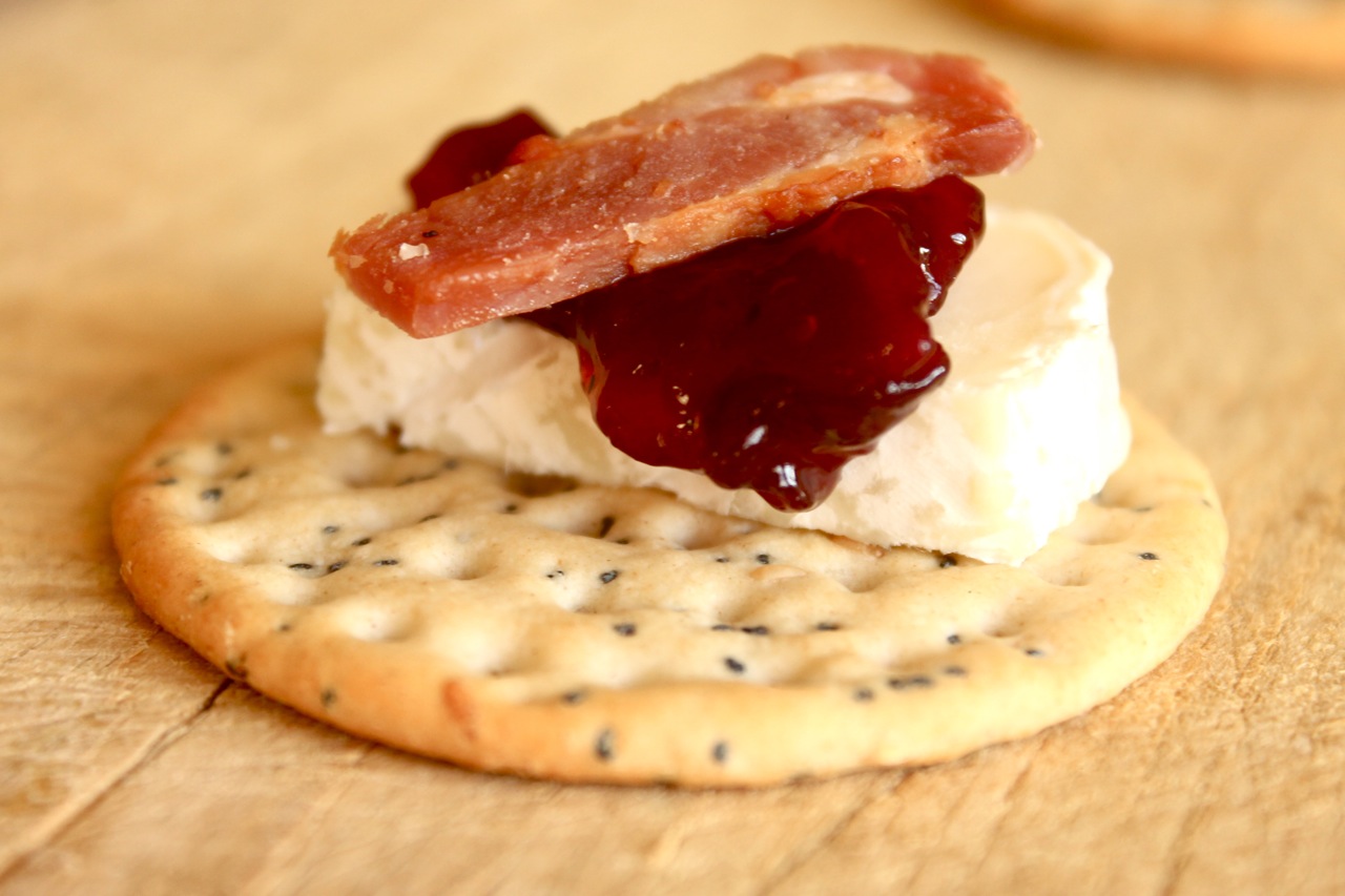 Easy Canapes Brie and Bacon with Cranberry and Red Onion Chutney