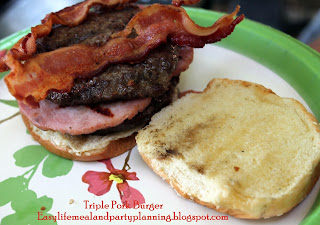 Easy Life Meal & Party Planning - Grilled Triple Decker Pork Burger  - You can't beat a grilled ham slice topped with  pork burger, capped with bacon and a splash of BBQ Sauce = One Tasty Sandwich!