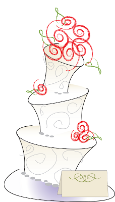 whimsical wedding cake with swirly red roses and a place card for the bride and groom