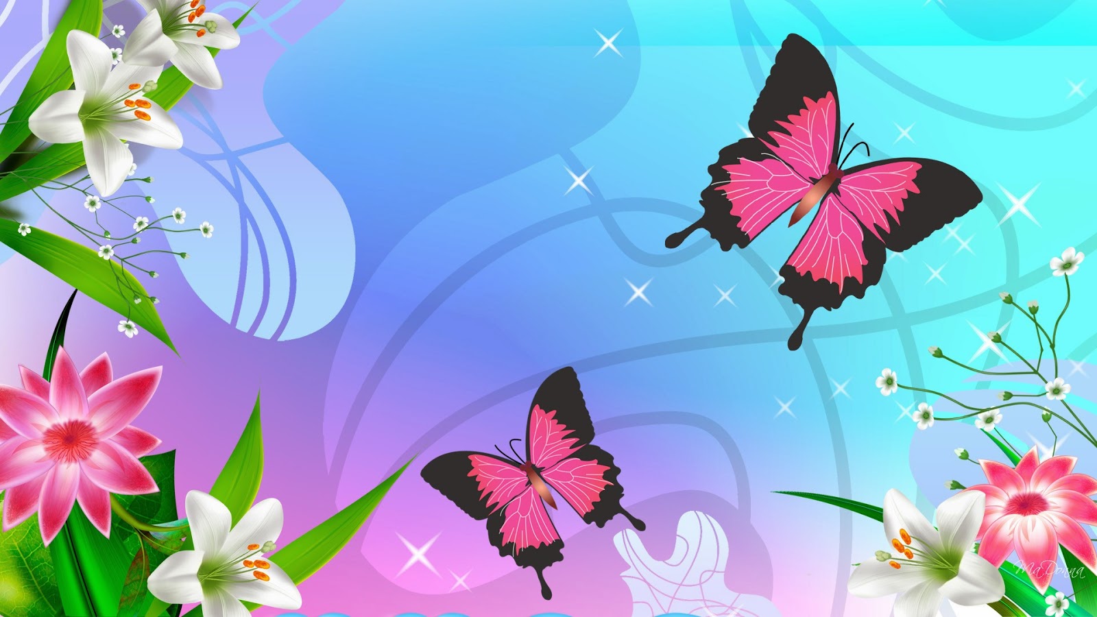 Two pink butterfly and flower wallpaper - beautiful desktop wallpapers 2014