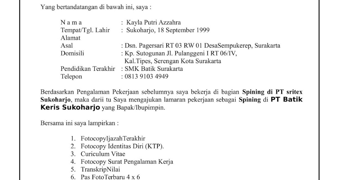 Contoh Surat Lamaran Smk Di Pabrik Indorama