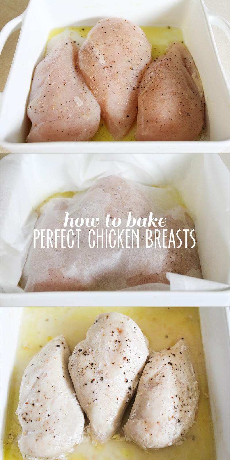 The easiest way to bake the most tender, juicy chicken breasts every time! Perfect for using in any recipe calling for cooked chicken!