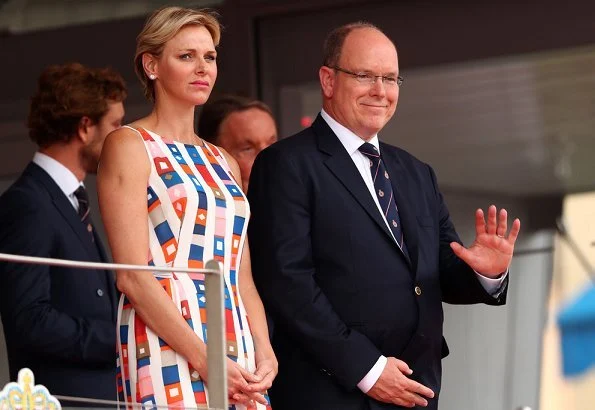 Princess Charlene wore AKRIS sleeveless colorful silk spring summer dress. Princess Charlene wore Jimmy Choo Red Suede Pointy Toe Pumps