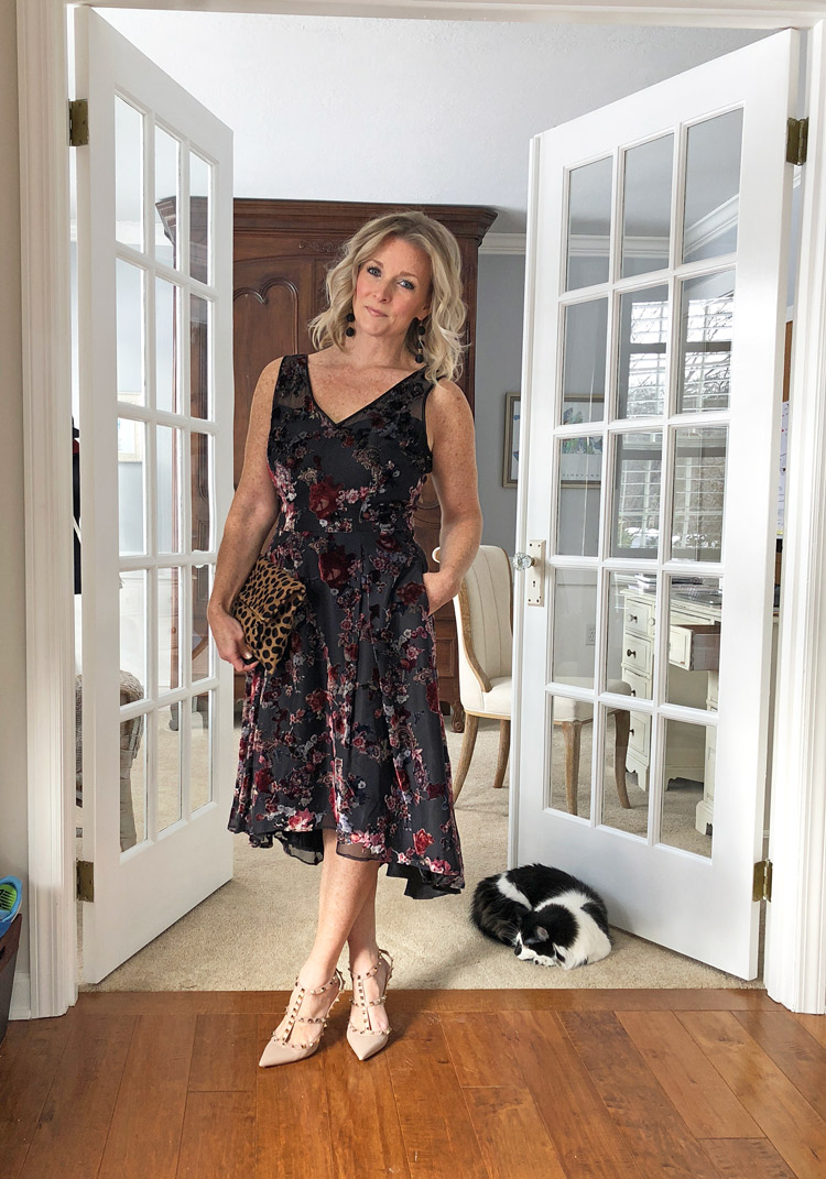 floral dress with heels and leopard clutch