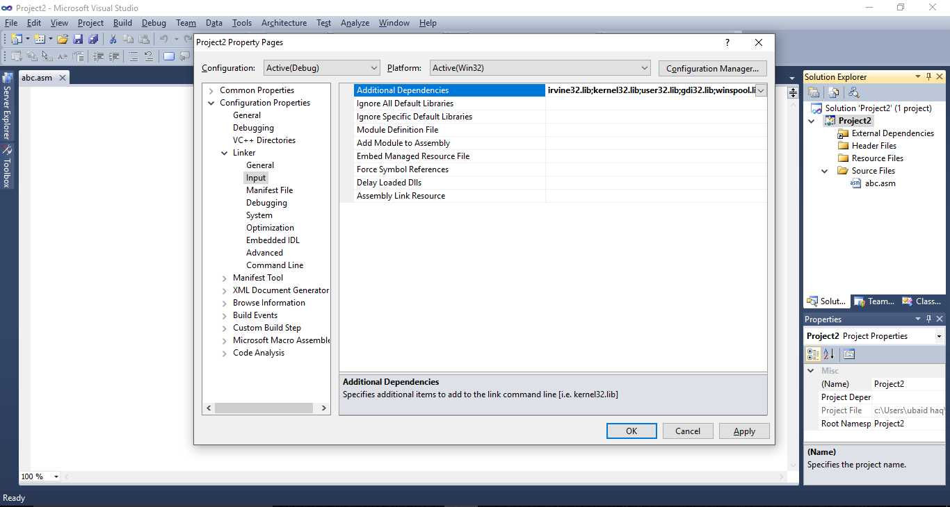 Assembly Language Configuration of Visual Studio