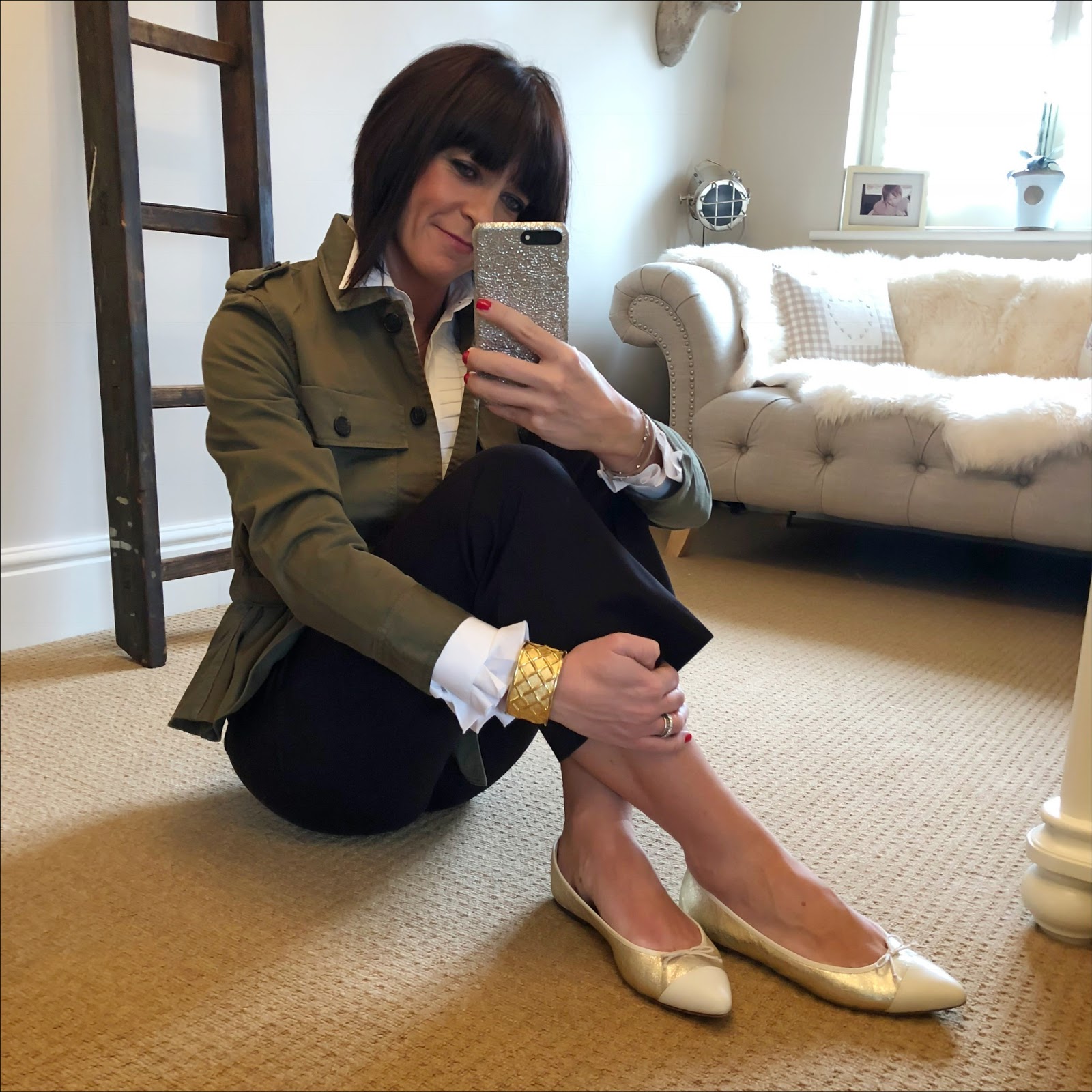 my midlife fashion, j crew cropped fatigue utility jacket, hawes and curtain womens boutique white semi fitted shirt with pleated detailing, j crew sammie cropped kick flare trousers, j crew metallic pointed toe ballet flats