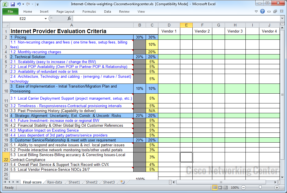 Vendor Comparison Excel Template