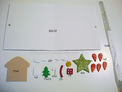 materiales y medidas para casita de jengibre y flor de navidad en goma eva