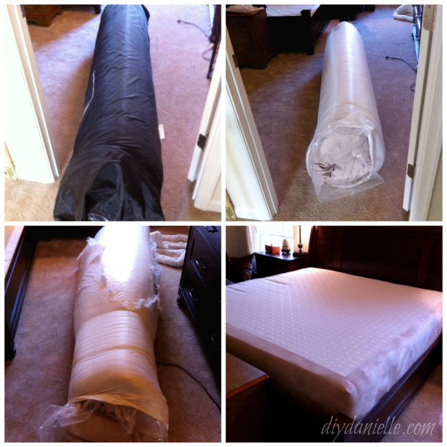 Memory foam mattress in the various stages of unwrapping after coming by mail. Memory foam mattress opened after mailing.