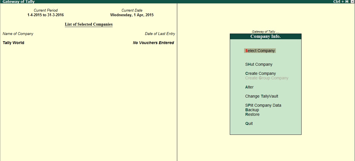 Tally World Company Info.(Information) Menu in Tally.ERP9