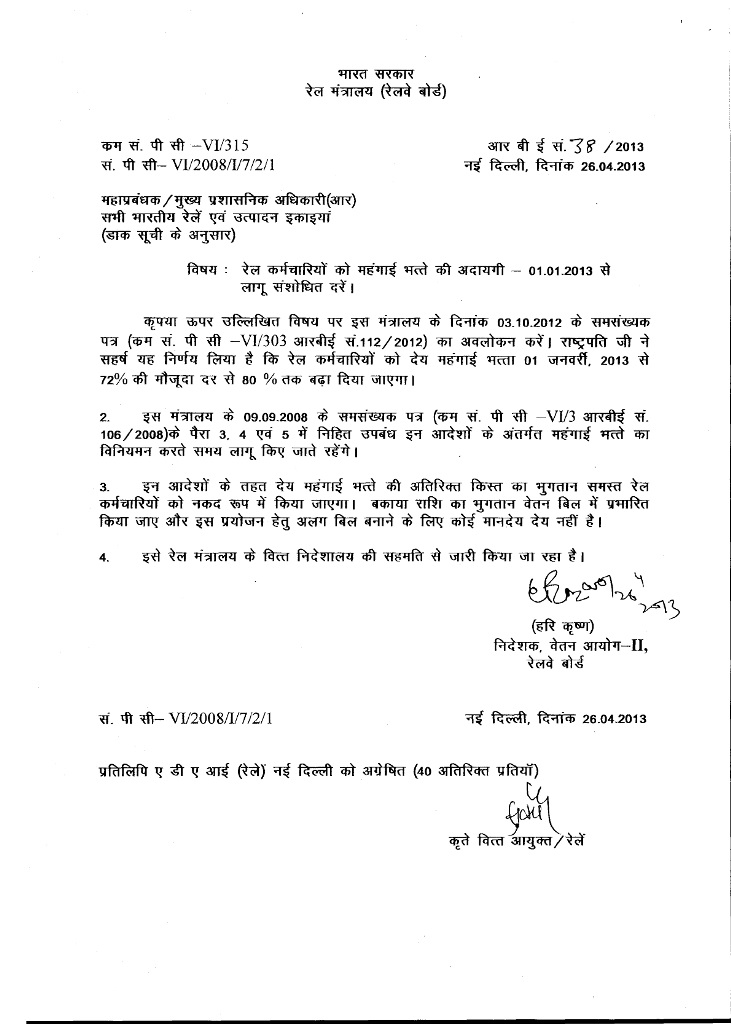 DA Order Jan2013 for Railway Employees Central Govt