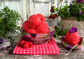 Raspberry Rose Sorbet in Floral Ice Bowls via Butter Basil & Breadcrumbs for thefrugalfoodiemama.com