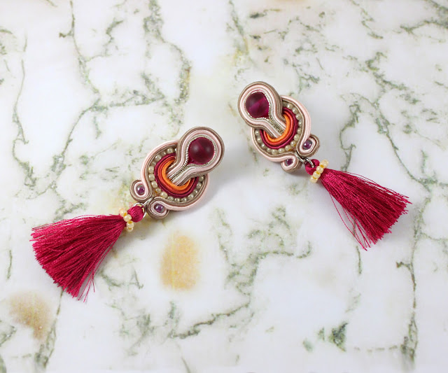 pink with tassels soutache earrings, soutache handmade jewelry