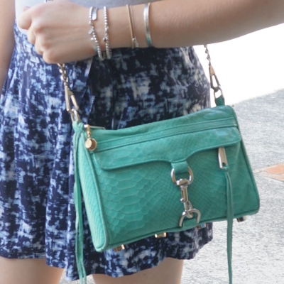printed shorts, Rebecca Minkoff mini MAC in aquamarine with python embossed leather | Away From The Blue