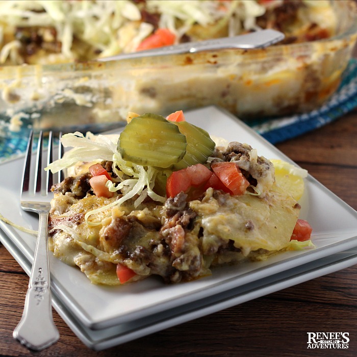 Cheeseburger Casserole Recipe serving suggestion with fork on white plate