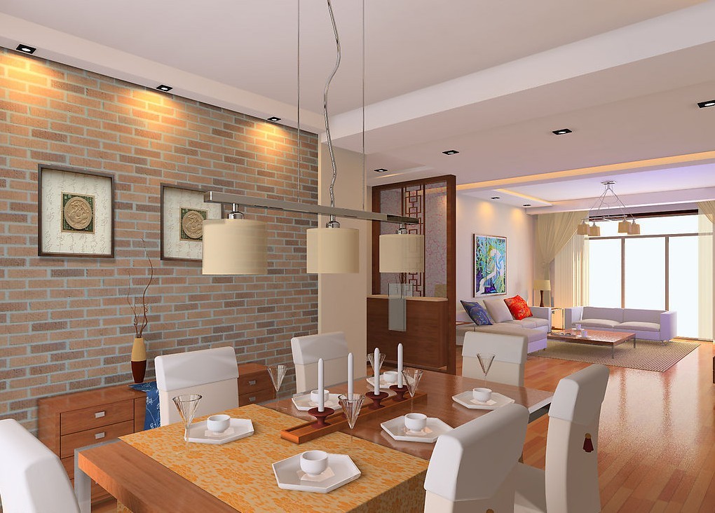 Decoração de sala de jantar com parede de tijolinho a vista
