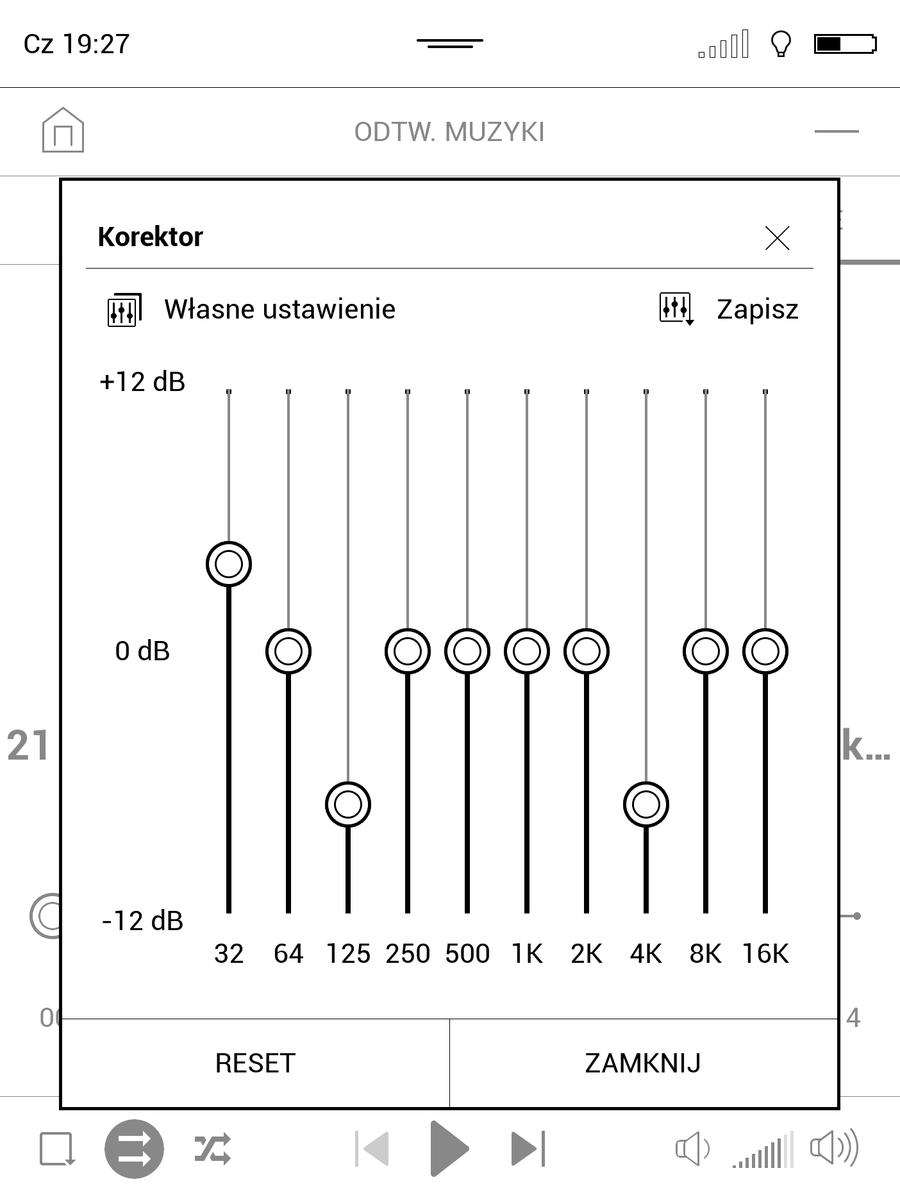 PocketBook InkPad 3 – graficzny korektor dźwięku w odtwarzaczu muzyki