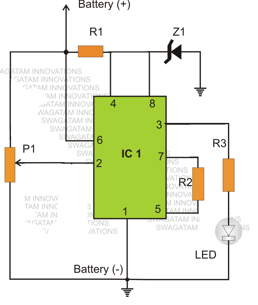 Simple Low Battery Indicator Circuit Using IC 555 | Circuit Diagram Centre