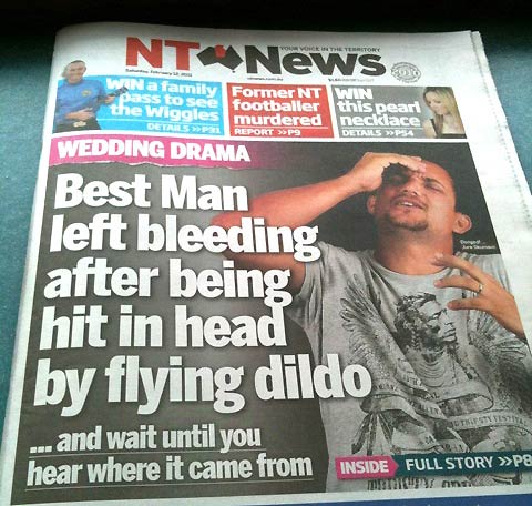 Tabloid Headline: "Best Man Left Bleeding After Being Hit in Head By Flying Dildo"