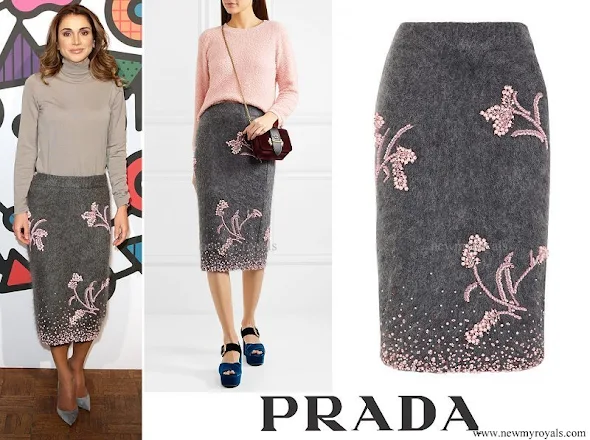 Queen Rania wore PRADA Embellished mohair-blend pencil skirt