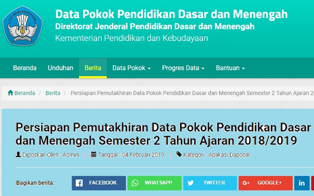 Persiapan Rilis Dapodik 2019.C Persiapan Pemuktahiran Data Pokok Pendidikan Dasar dan Menengah (Dapodikdamen) Semester 2 Tahun 2018/2019.