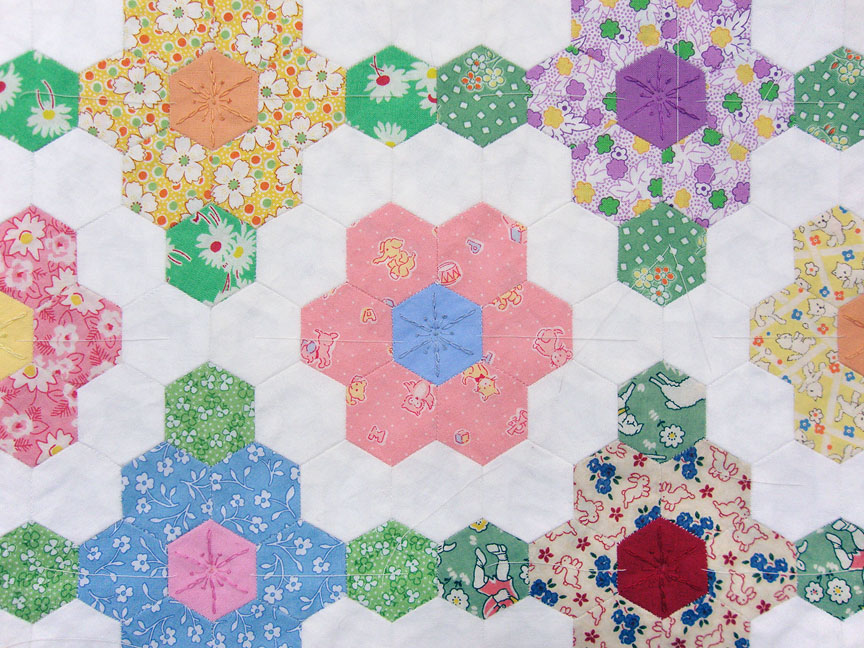 Beadlust Hexie Quilt Embroidery Quilting in Flower Centers