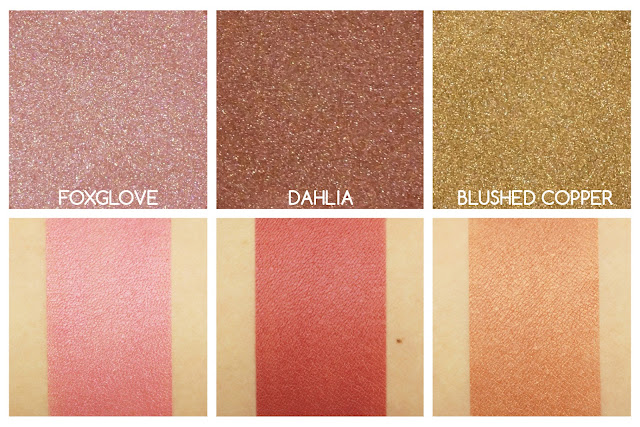 Swatches of Becca Shimmering Skin Perfector Luminous Blush in Foxglove, Dahlia and Blushed Copper