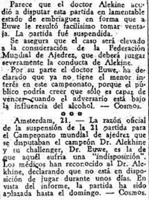 Recorte de prensa de El Mundo Deportivo de Pablo Morán sobre Alekhine