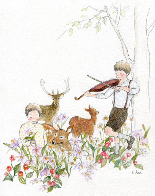 Dibujo de Lee Su Hee: niños en el campo con ciervos. Un niño toca el violín.