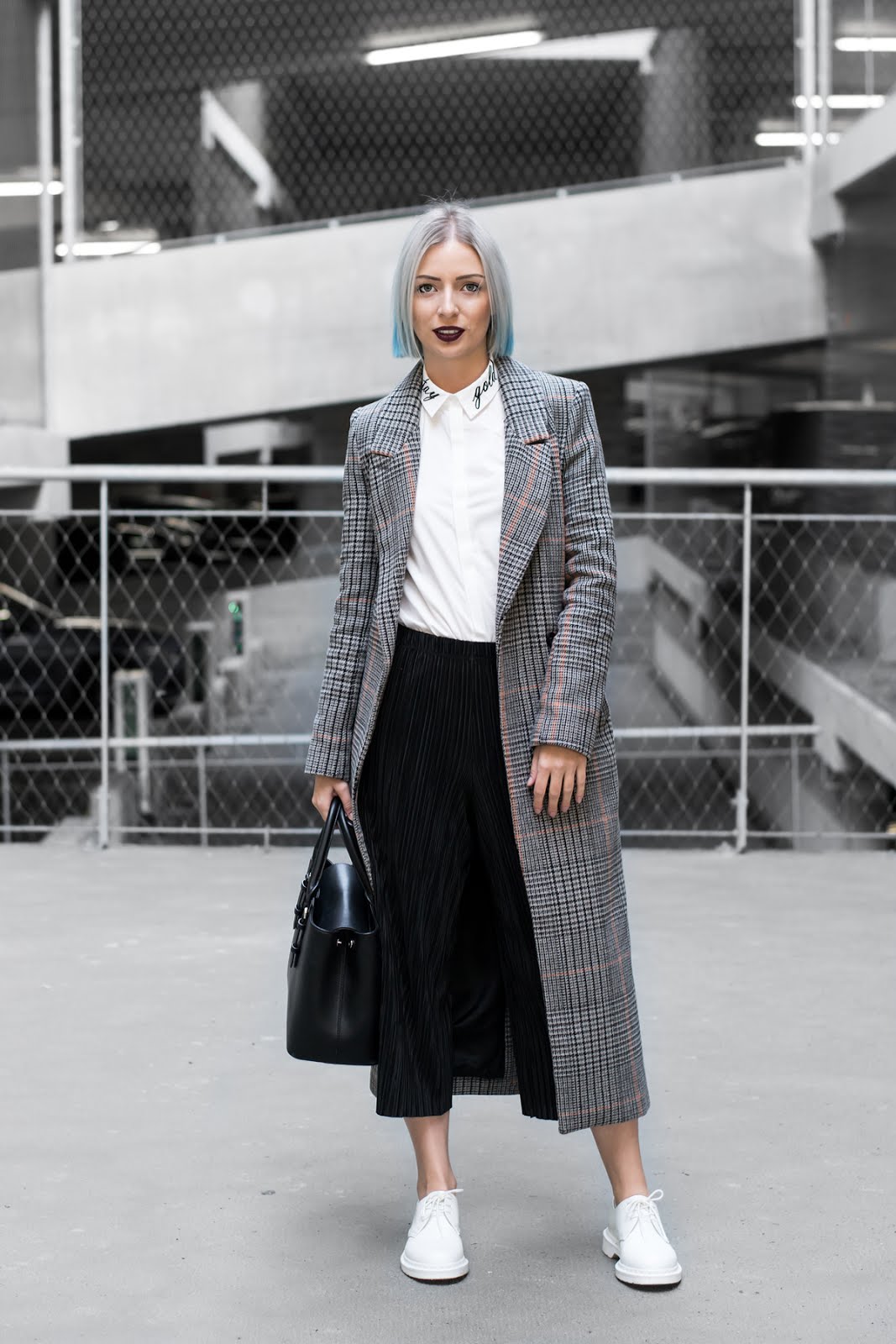 H&M trend check coat, Q/S designed by robin schulz, embroidered shirt, white shirt, minimalist, pleated trousers, white monochrome dr martens, grey hair, blue hair, outfit