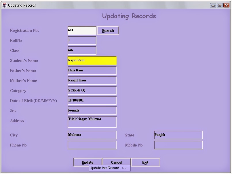 Updates records from the Access/SQL table using Swing Components