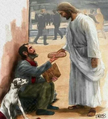 Jesus entregando um pão a um mendingo